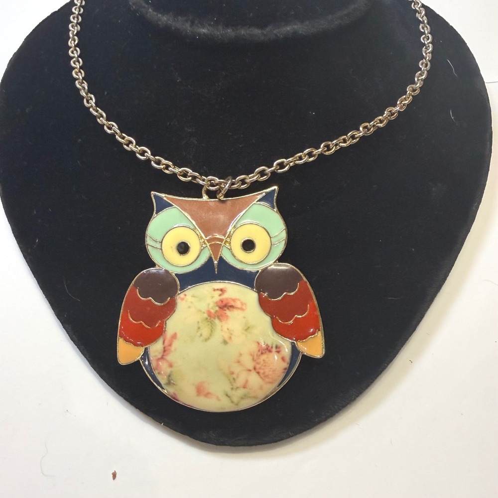 ZAD Enamel Owl Pendant Necklace Floral Rose Statement Bird Jewelry Multicolor